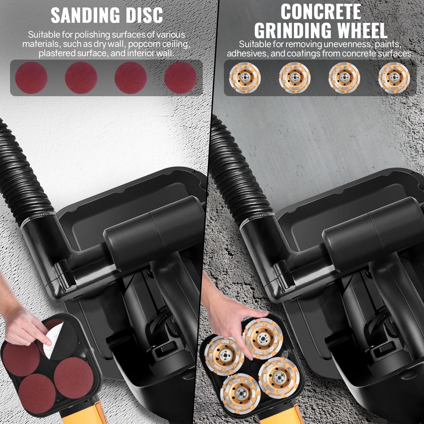4-Head Concrete Grinder Set with Long Handle & Dust Extraction Shround, 4'' 3800W 6000RPM Concrete Floor Grinder Concrete Surface Planer 6 Gears & Auxiliary Wheels for Grinding Concrete Cement Marble