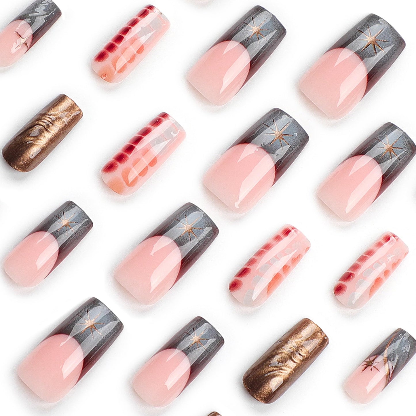 CTTHNBD Long Press on Nails Square - Brown Fake Nails with Water Wave Design - French Tip Stick on False Nails - for Women 24 Pcs