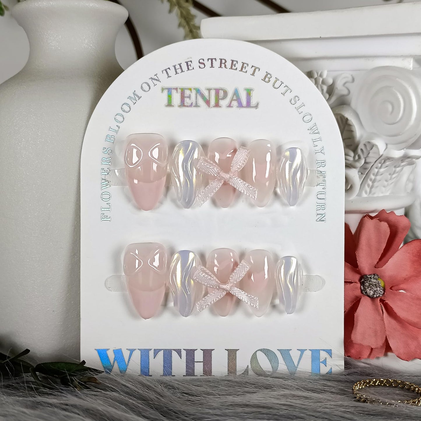 TENPAL French Tip Press On Nails Short Almond Nude Pink Gel Fake Nails With Glue Aurora French False Nails With Sparkling Waves 3D Bow 10pcs/Box Lovely Sweet Cute Acrylic Stiletto Nail Tips(XS)
