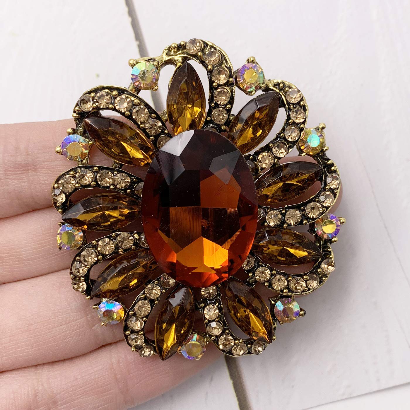 SELOVO Marquise Shape Flower Brown Brooch Pin Accessory Antique Gold Tone