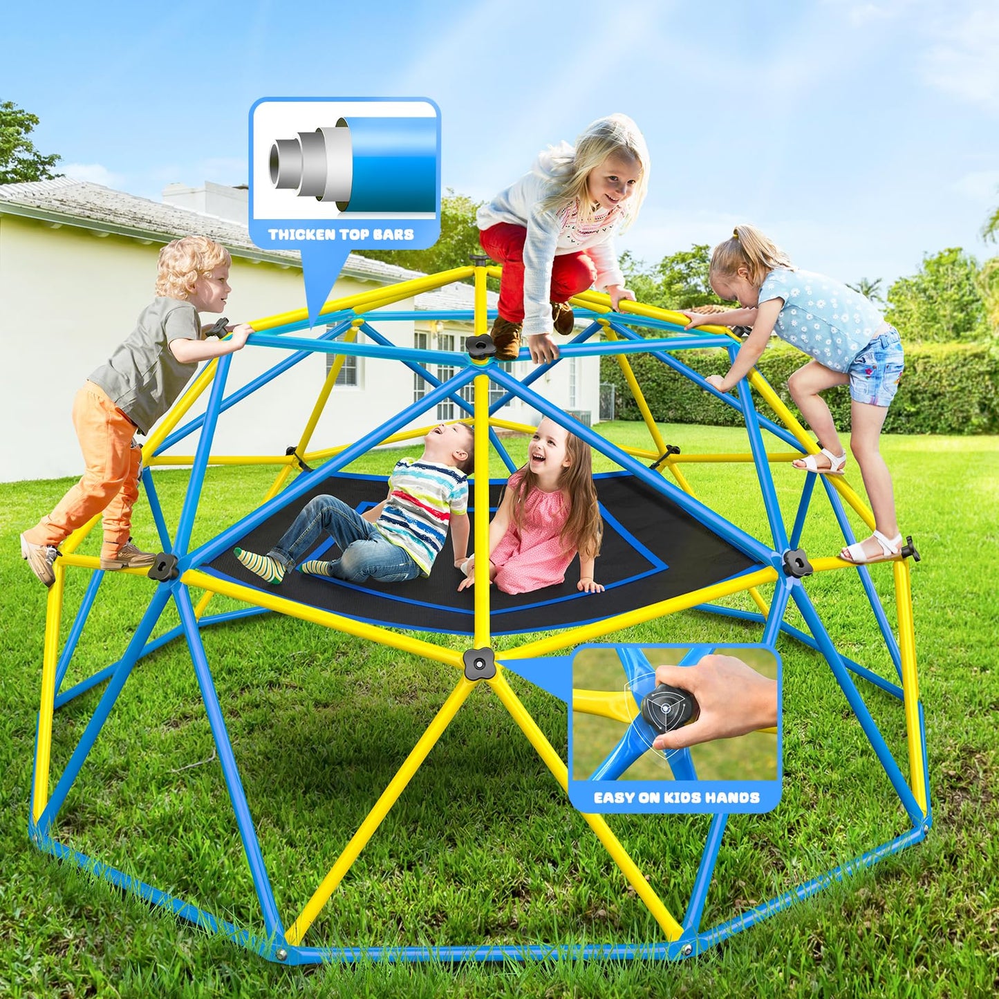 Hapfan Jungle Gym, 10ft Climbing Dome with Hammock and Swing, Outdoor Play Equipment with Monkey Bars for Kids 3-12, Supports 800LBS Backyard Climbing Toys