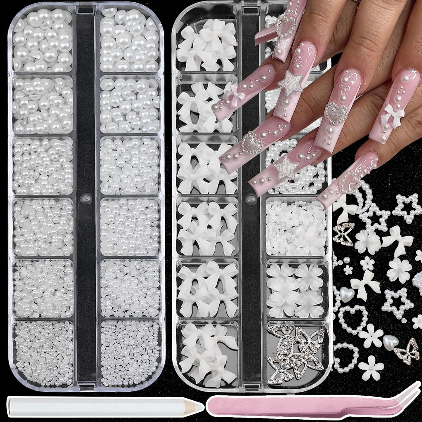 SEMATA White Flatback Nail Art Pearls Charms White Flower Bow Nail Gems Jewelry Mixed Size Nails Pearls Stone Moon Heart Stars Nails Art Accessories Decoration Design for Women