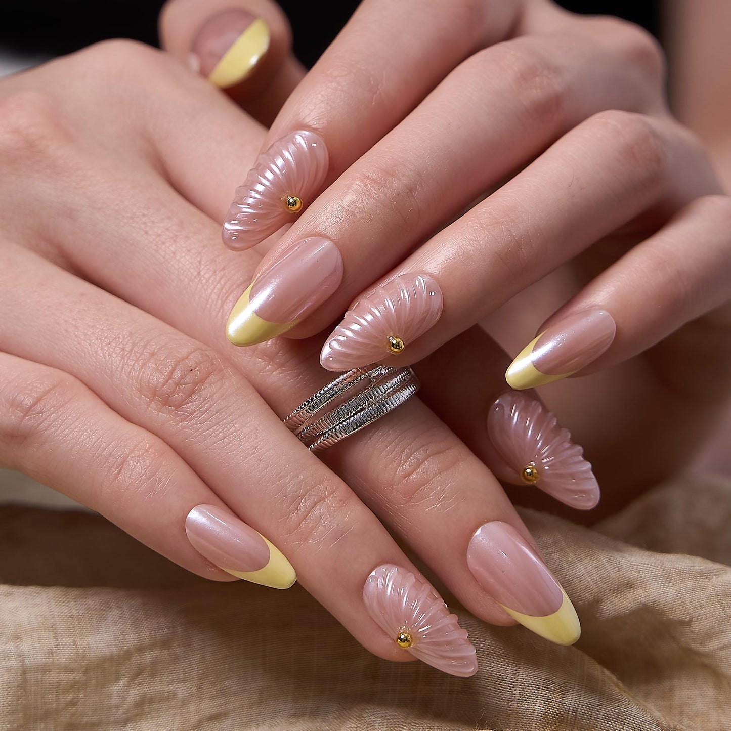 CurvLife Soft Gel Almond Press-On Nails Short,30Pcs Reusable Fake Nail Tips with Adhesive Tabs, Salon-Quality Stick-On Nails for At-Home Manicure (Pearl Tides)