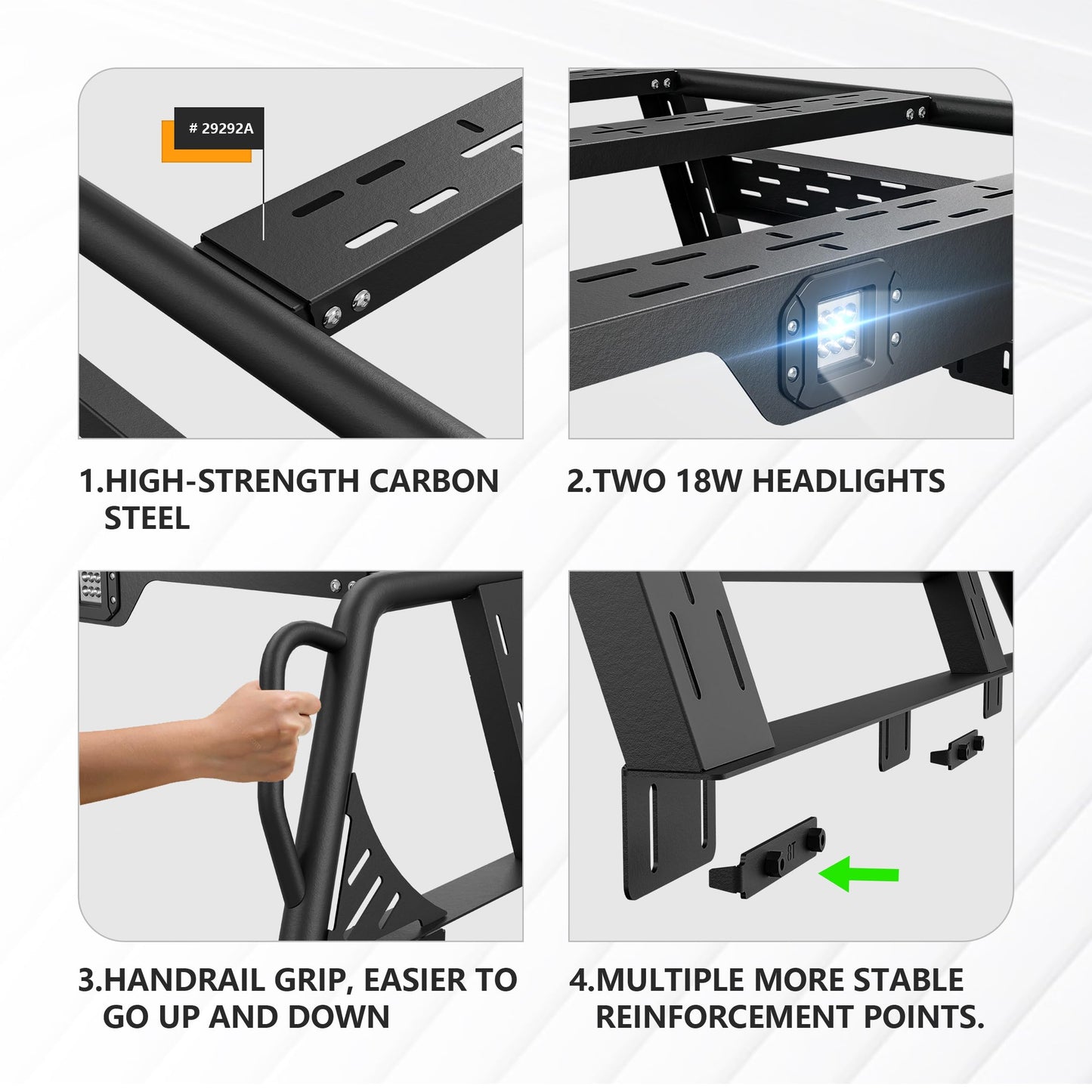 YZONA 13.3" High Overland Bed Racks Truck Cargo Carrier with 2 LED Lights Compatible with 2016-2025 Toyota Tacoma with Bed Rails, 1000 LBS Truck Rear Ladder Rack Back Cross Bars