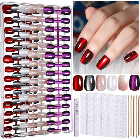 FANDAMEI Cat Eye Press On Nails, 6 Colors Press On Nails Short Square, Natural Fake Nails Fine Diamond Shine, Glossy Ombre, Cat Eye Nails for Women with Salon Quality, Press on Nails Kit