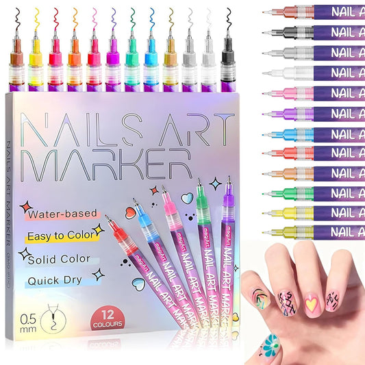 12 Colors Nail Art Pens, 0.5mm Fine Tip Nail Art Markers, 3D Acrylic Polish Pen Set, Quick Dry Nail Art Kit for DIY Home Salon, Professional Nail Art Tools, Manicure Set Gift for Adults Beginners