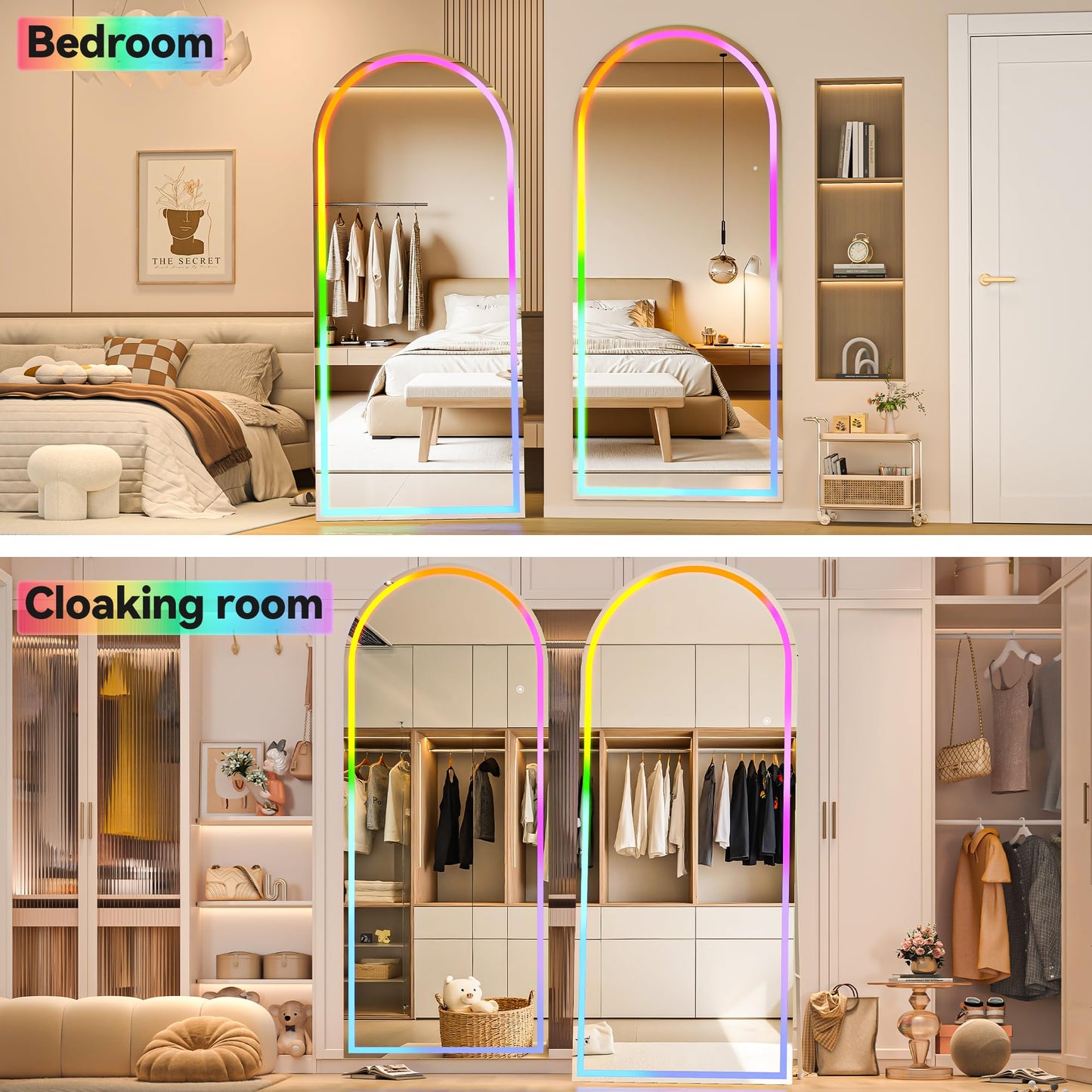 Hasipu 56" x 16" Arch LED RGB Bluetooth Full Length Mirror with Stand ＆ 7 Color Lighting Modes, Full Body Mirror with White Frame for Bedroom, Living Room, Dressing Room