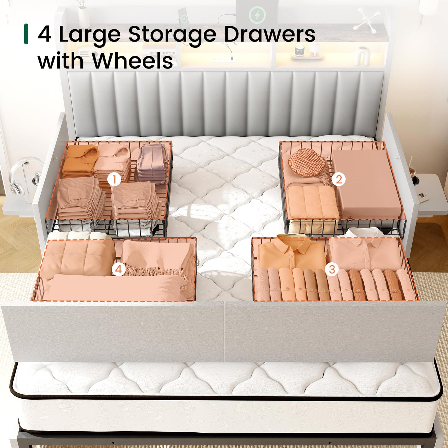 BRELTAM King Bed Frame with Headboard,4 Storage Drawers,and Built-in Adjustable Desk,Charging Station,Easy Assembly,No Box Spring Needed,Light Grey