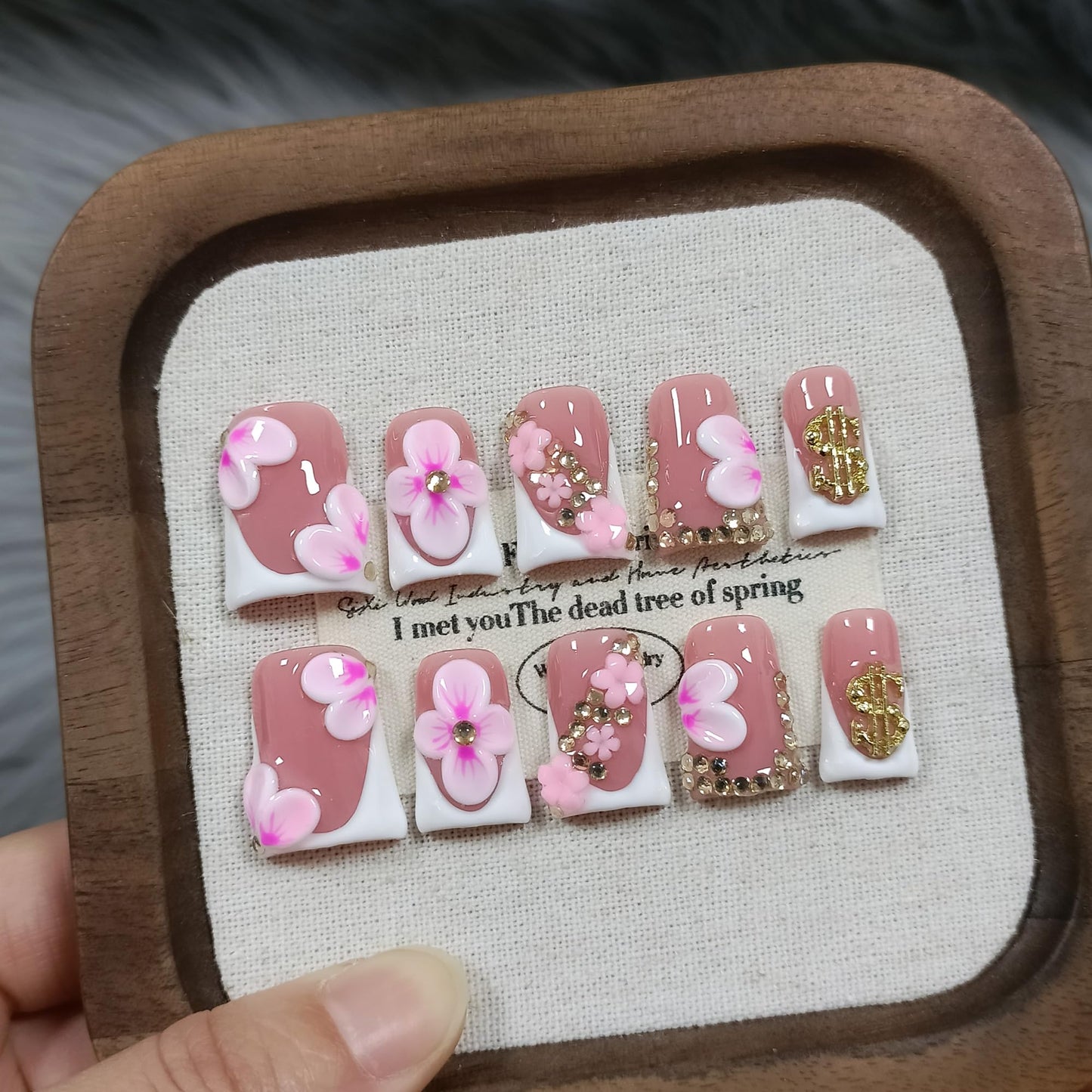 TENPAL Duckbill Press on Nails - White Pink 3D Floral French Tip Fake Nails with Rhinestones | Icy Glossy False Nails with Tools| Handmade Soft Gel Y2K Duck Nails(M)