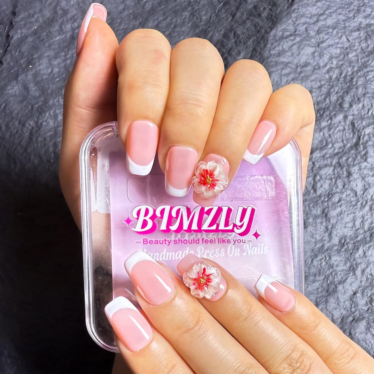 Handmade Press On Nails Square short m Soft Blossom French Handmade Nails 3d Floral Reusable Wedding Prom And Festival Gift Photograph Handmade Acrylic Press On Nails (Medium)