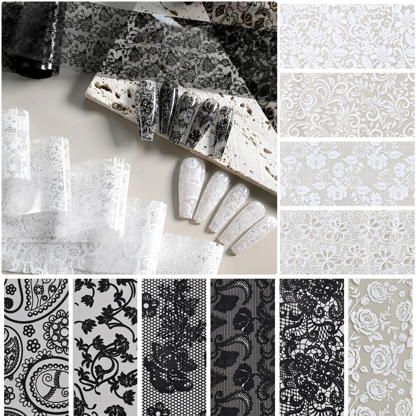 AddFavor Lace Transfer Nail Foil White and Black Nail Transfer Foil Sticker, Flower Nail Art Foils Decals for Nails Manicure DIY Acrylic Nails Decoration