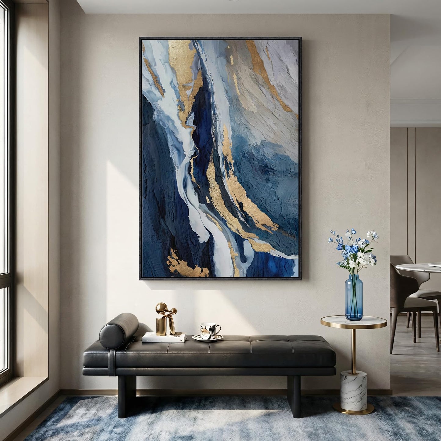 Extra Large Framed Blue Abstract Wall Art for Living Room, 40x60 In Oversized Blue and Gold Modern Canvas Prints Paintings, Big Vertical Navy Blue Pictures for Hallway Dining Bedroom Office Wall Decor