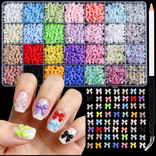 LERBOU Multi-Colored Bow Nail Charms, 28 Grids Bows Nail Art Studs for Acrylic Nails, 3D Resin Bow Bowkont Nail Art Charms, Colored Bows Nail Art Charms Jewelry for Nails DIY Y2K