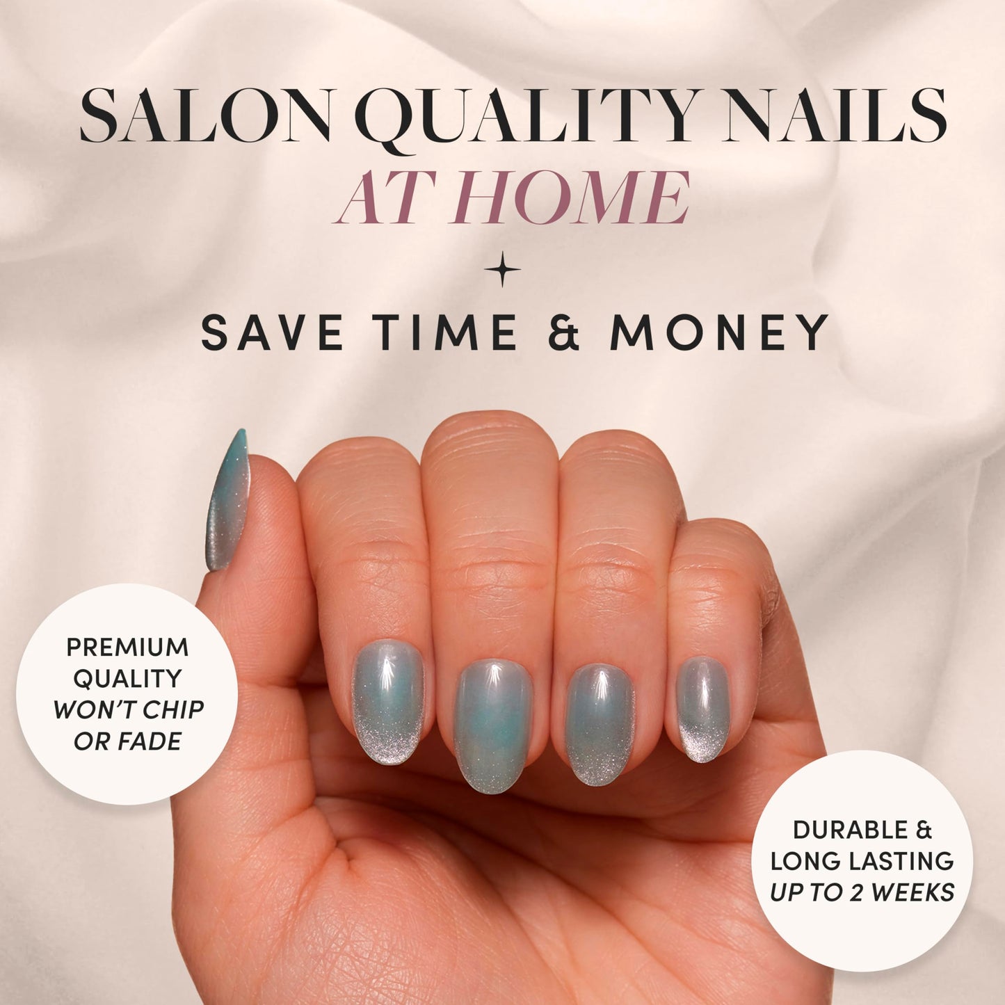 Glamnetic Press-On Nails Bundle - Unicorn Tears & Fairy Dust | Short Oval, Misty-Grey Nails with a Metallic Finish | Short Oval Beige-Pink False Nails with a Metallic Finish | Reusable, Salon-Quality