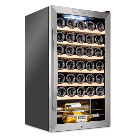 SCHMÉCKÉ 34 Bottle Compressor Wine Cooler Refrigerator w/Lock - Large Freestanding Wine Cellar For Red, White, Champagne or Sparkling Wine - 41f-64f Digital Temperature Control Fridge Stainless Steel