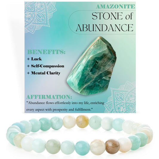 Bivei Amazonite - Abundance - 6mm Beaded Bracelets for Women Handmade Semi Precious Natural Stone Stretch Elastic Jewelry for Women Yoga Protection Gifts Small