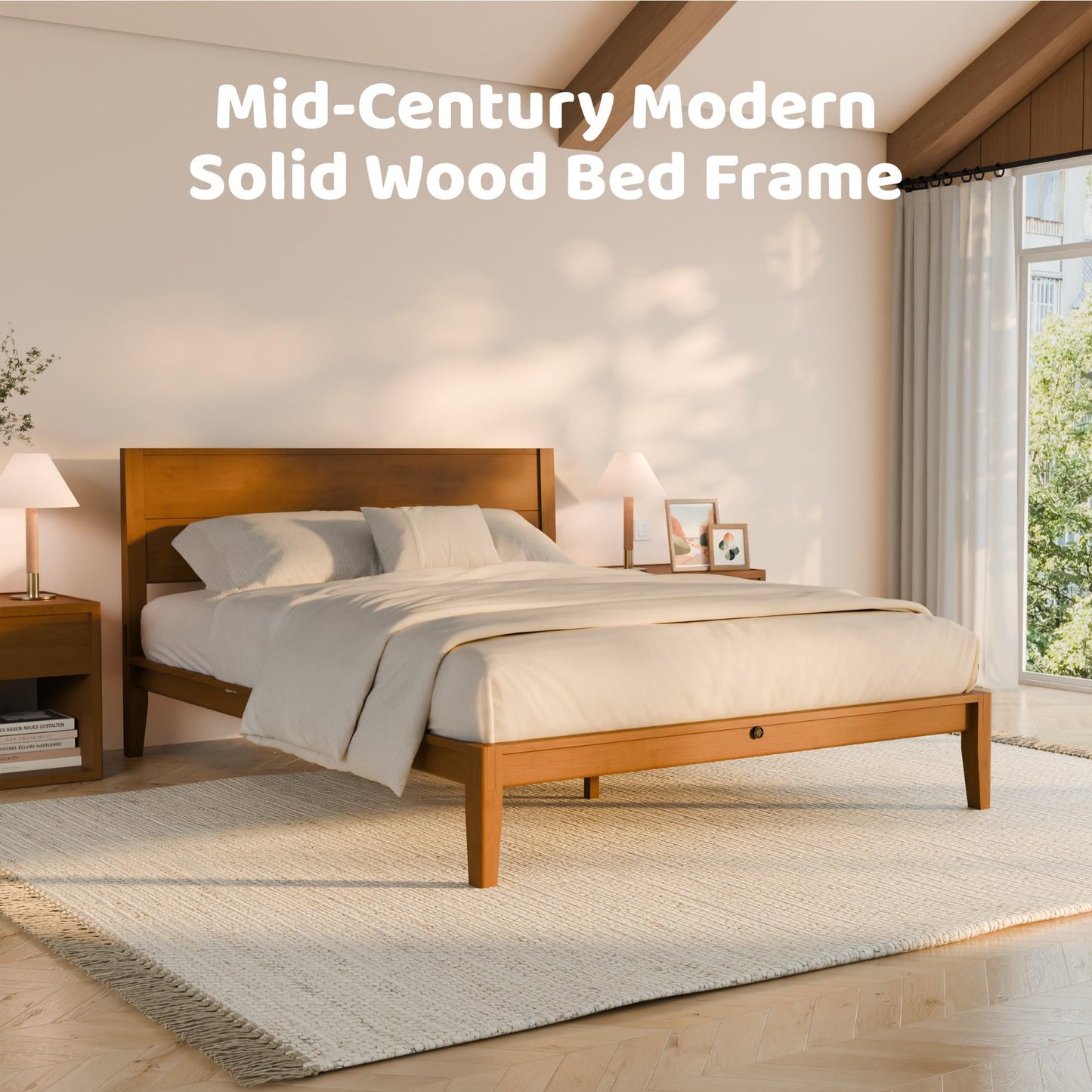 RECCI King Japanese Joinery Platform Bed Frame, Mid-Century with Tall Headboard, Noise-Free Solid Bamboo Wood Sustainable, Sturdy Slat Support with Heavy Duty, Tool-Free Assembly, 10-Inch Storage