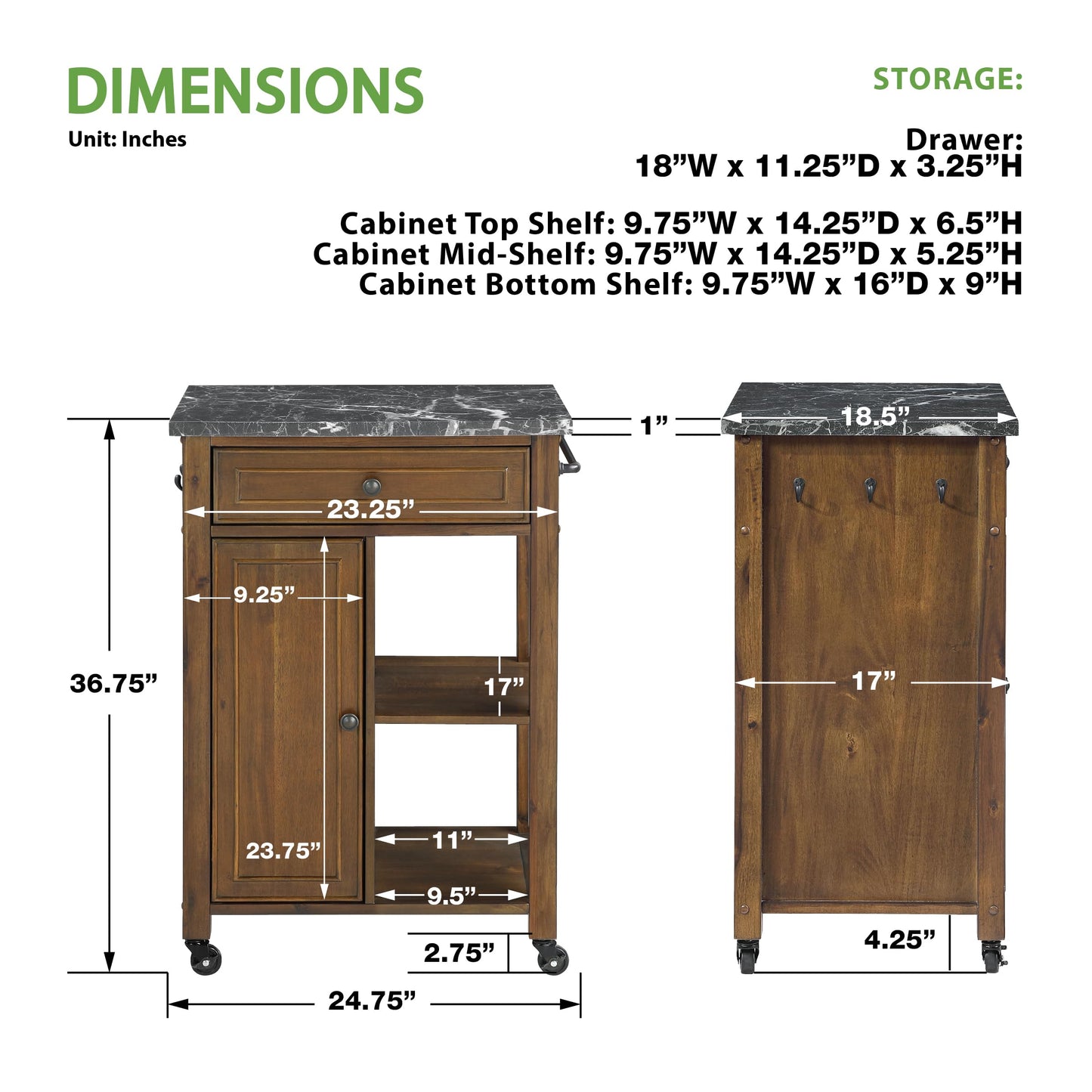 OSP Home Furnishings Fairmont Modern Farmhouse Kitchen Cart, Rolling Storage Cabinet with Drawer, Shelves, Hooks, Towel Bar, Oak Wood Finish with Faux Marble Top