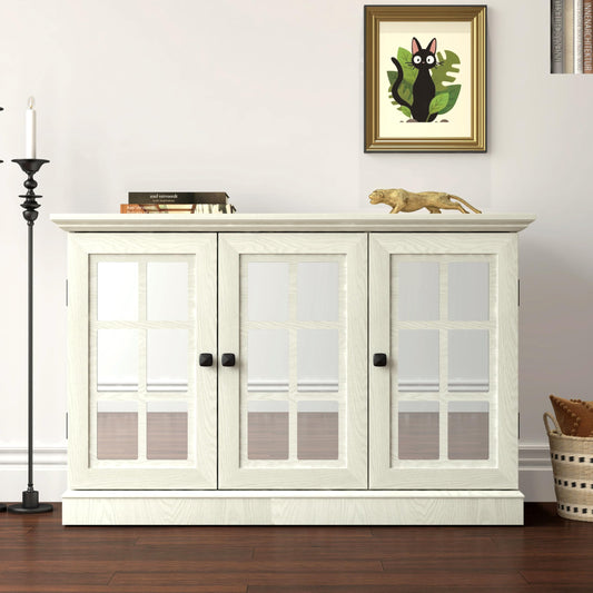 GDFStudio 45" Modern Buffet Sideboard Cabinet, Storage Cabinet with 3 Acrylic Mirrored Doors & Adjustable Shelves, Freestanding Credenza Buffet for Dining Room, Accent Cabinet Coffee Bar, White