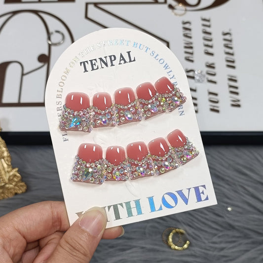 TENPAL 10Pcs Handmade Coffin Nails Kits,DuckBill Press On Nails With Tools,Icy Pink French Tip Fake Nails with Full Crystals Designs,Glitter Edgy Sweet Cool Acrylic Glue on Nails Short for Party(M)