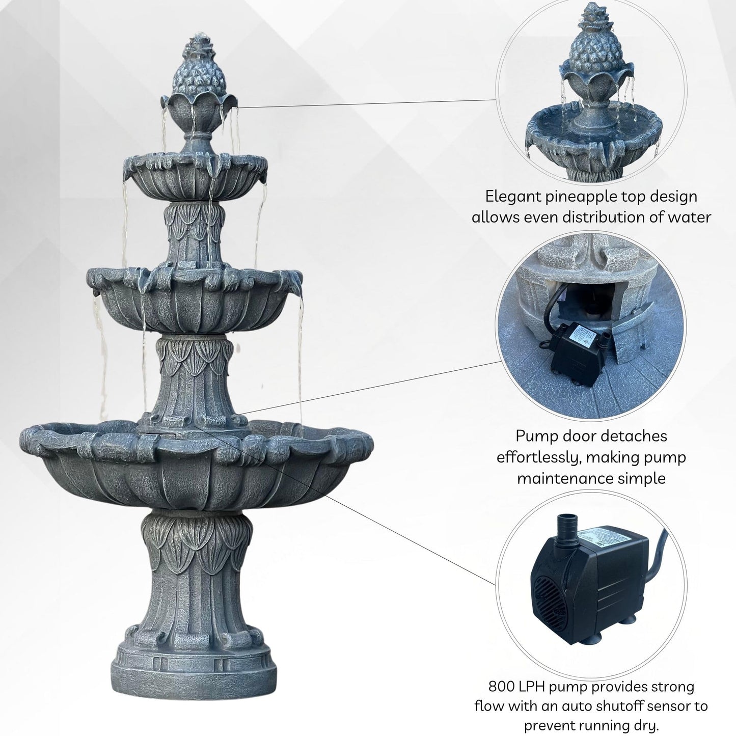 XBrand 58.3" 3-Tier Outdoor Freestanding Water Fountain - Classic Leaf Design, White Resin, Large Bird Bath with Pump - Ideal for Yard, Lawn and Garden, Porch Décor