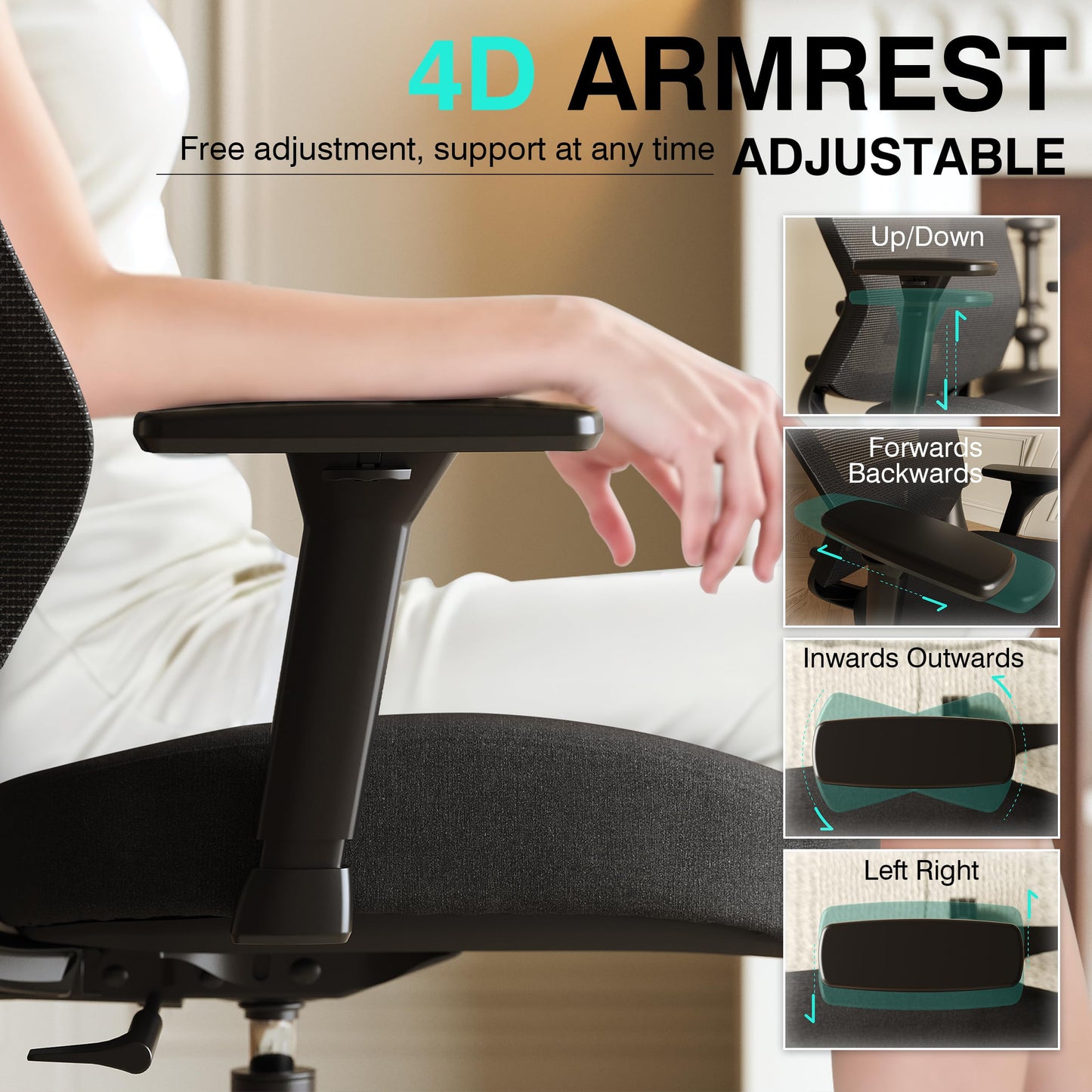 ELABEST T96C Ergonomic Home Office Chair, Mesh Computer Desk Chair with 4D Armrests, Adjustable Lumbar Support,Rolling Swivel Task Chair for Long Hours, Sponge Cushion