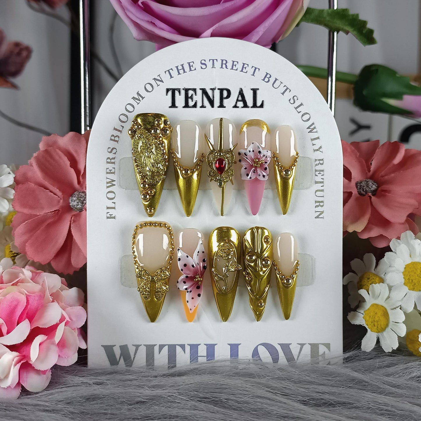TENPAL Antique Gold French Tips Press on Nails Long Stiletto,Baroque Style Fake Nails with 3D Charms Roses,Cherubs,Bows,Soft Gel Metallic Fake Nails Kit Tools 10pcs,Full Cover Vintage Luxe Nails(M)