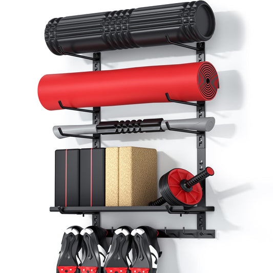 Home Gym Storage Shelf Only, Adjustable Gym Equipment Organizer Wall Mounted with 1 Board, Yoga Mat Holder, Storage Rack Compatible with Peloton Shoes & Mat, Shelf for Home Training Accessories