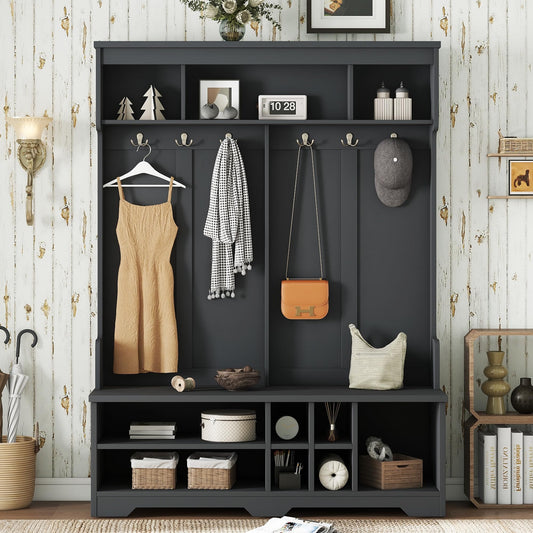 Ball & Cast 59.1" Hall Tree with Bench and Shoe Storage,3-in-1 Entryway Cabinet with Metal Hooks,Modern Coat Rack with Shoe Cubbies for Mudroom,Living Room,Hallway,Black