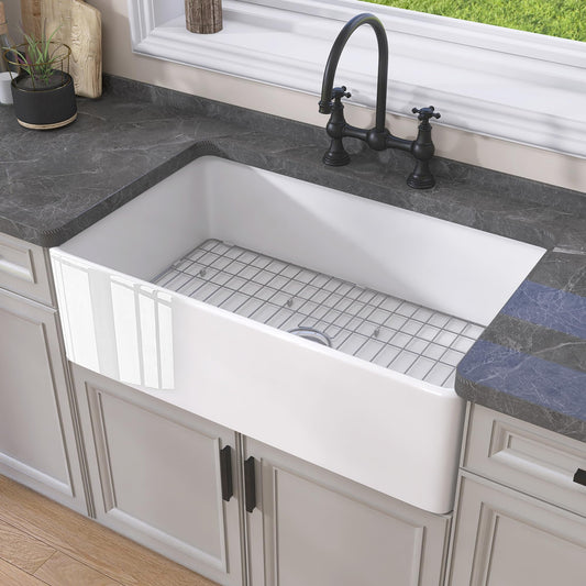 GETPRO White Farmhouse Kitchen Sink 30 inch Fireclay Apron Front Farm Sink Undermount Single Bowl Reversible Farmer House Style Kitchen Basin with Modern Accessories