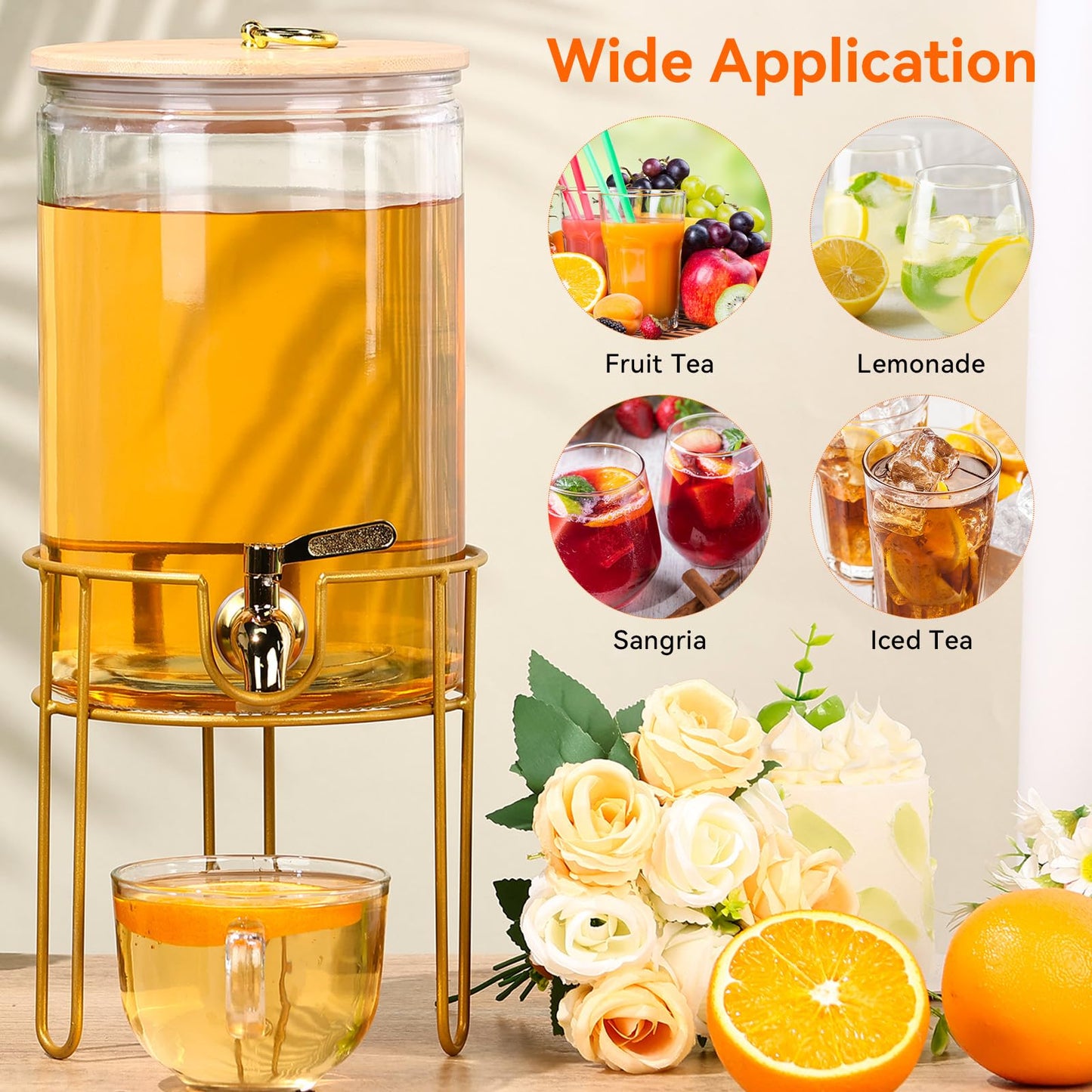 1 Gallon Drink Dispenser, Glass Beverage Dispenser With Stand,Juice Containers with Lid for Party,Drink Dispensers for Parties With Spigot for Lemonade/Soda/Tea