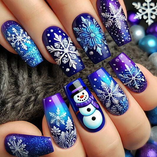 CJDLTS Christmas Press on Nails Medium Artificial Square Acrylic False Nails Gradient Snowflake with Snowman Stick on Nail Full Cover Winter Reusable Coffin Artificial Fingernails for Women Manicure