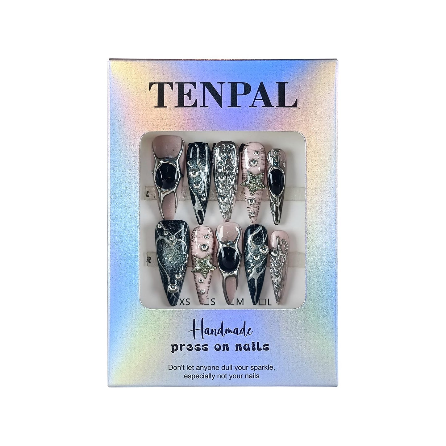 TENPAL Pink Black Press on Nails Long Stiletto,Metal Gothic Fake Nails with Punk Stars Beads,Cat Eye Glitter Edgy Y2K Ins False Nails with Tools,Sweet Grunge Irregular 3D Handmade Nails 10pcs(M)