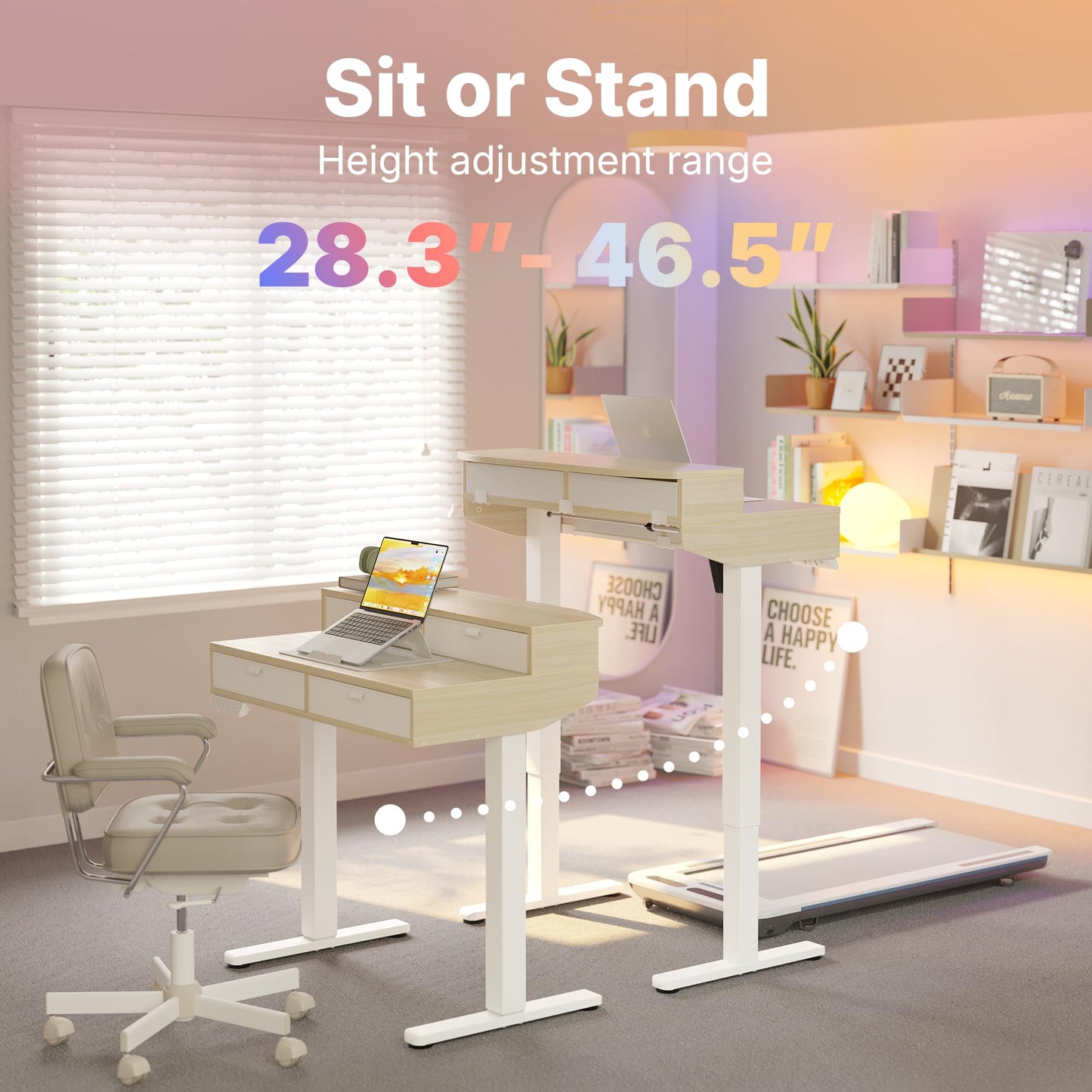 HUANUO 32 x 20 inch Electric Standing Desk with 4 Drawers, Adjustable Height Sit Stand Home Office Desk C-Clamp Mount Compatible, Ergonomic Stand up Desk with 4 Preset Heights, Natural