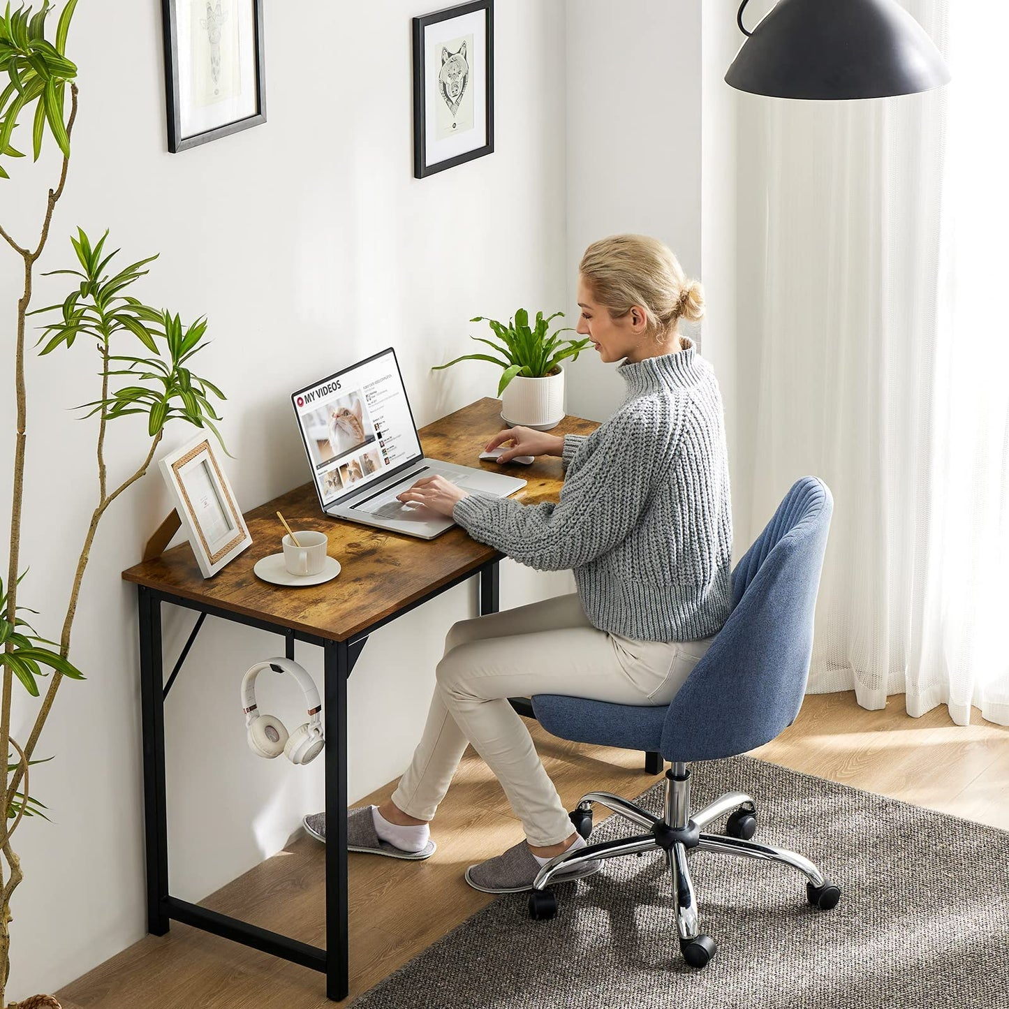 Sweetcrispy Small Computer Office Desk 32 Inch Kids Student Study Writing Work with Storage Bag & Headphone Hooks Modern Simple Home Bedroom PC Table