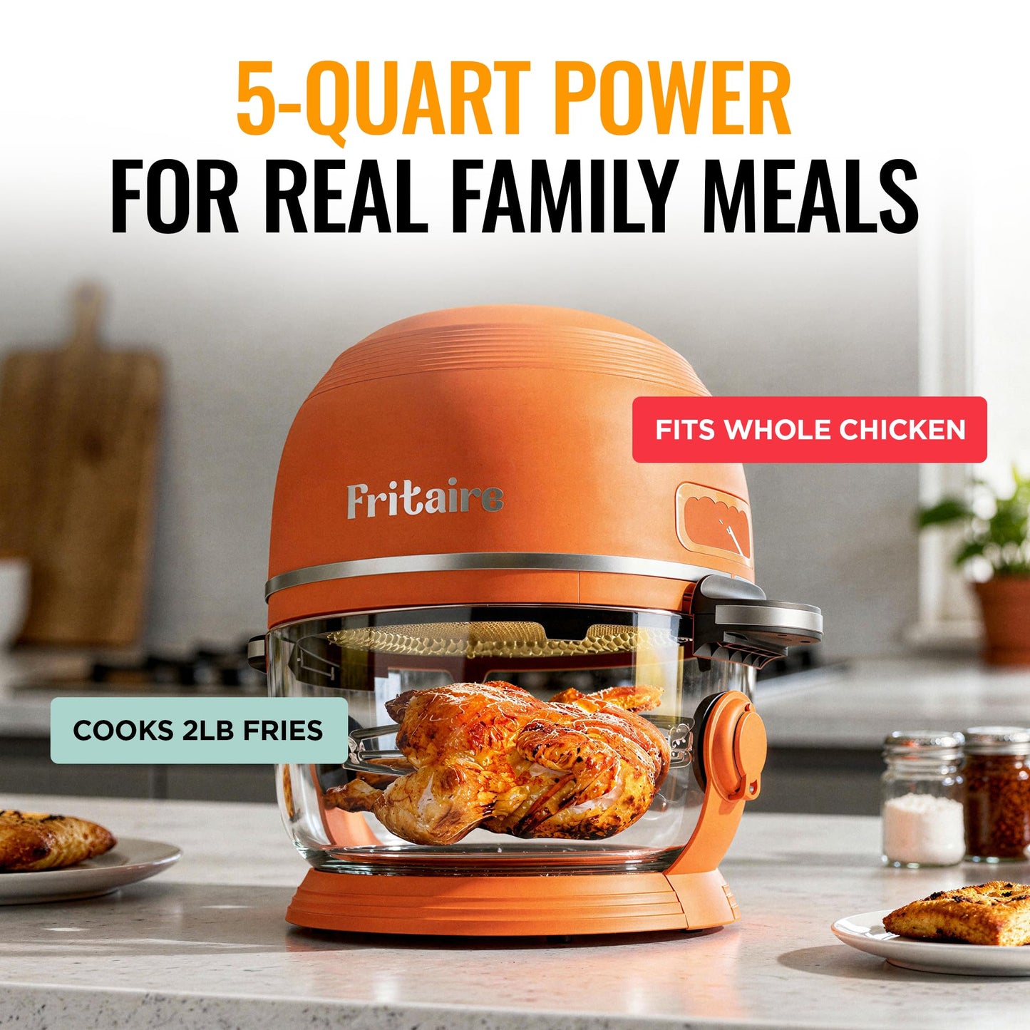 Non Toxic Air Fryer™ Pro | 9-in-1 Glass Air Fryer | Self-Cleaning | 5 Quart | Rotisserie and Tumbler | 400F Vortex For Even Cooking, BPA-Free Teflon Free, Recrisp, Roast, Bake, Orange