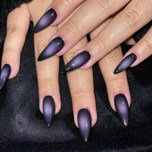 MISUD Press on Nails - Medium Almond Fake Nails with Goth Purple Black, Acrylic Gothic Design 24 pcs