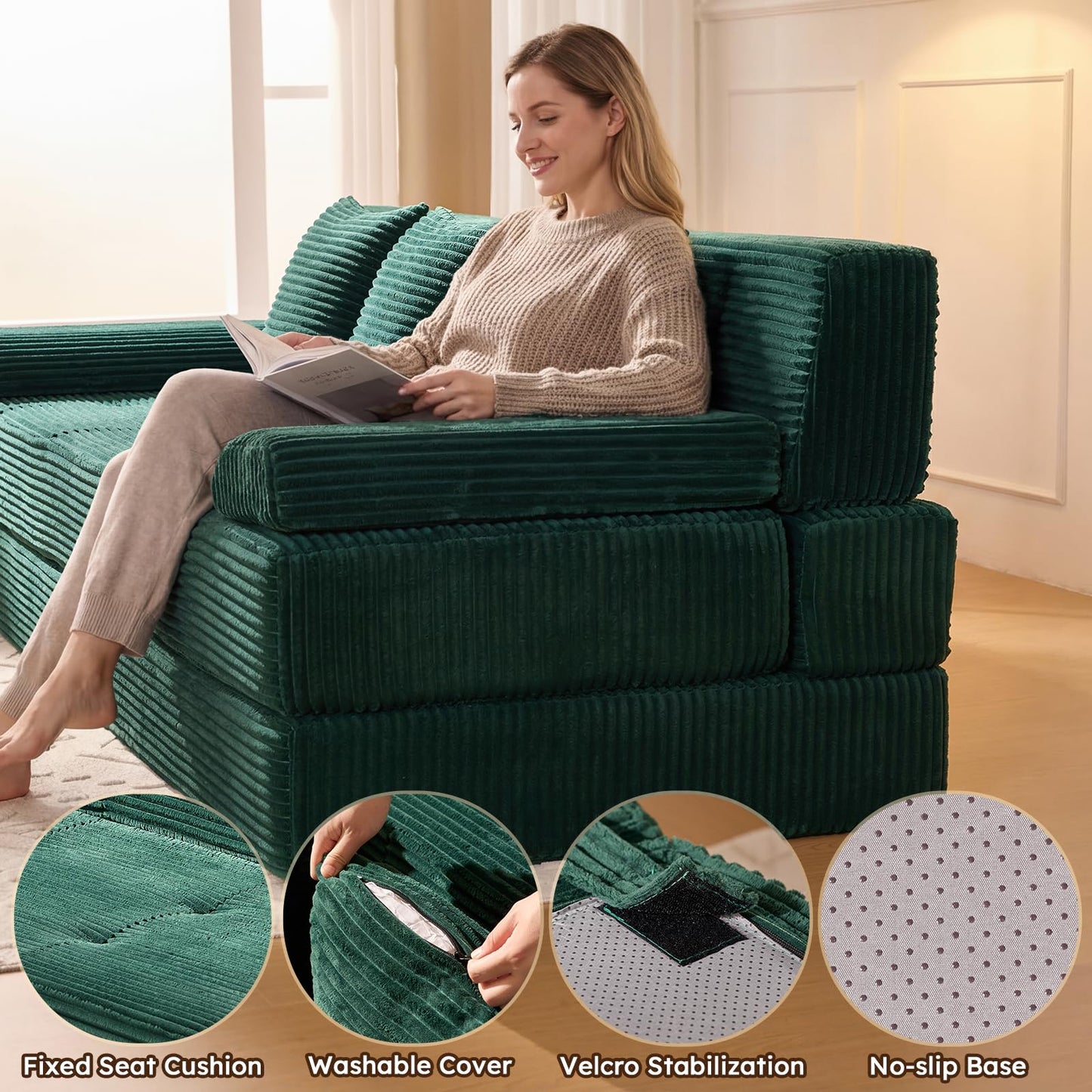 LOOMORA 78.7IN Folding Sofa Bed - Convertible Sleeper Sofa Couch with Removable Pillows, 3 Seater Couches Bed for Living Room, Bedroom, Apartment, No Assembly Required, Freestanding, Corduroy, Green