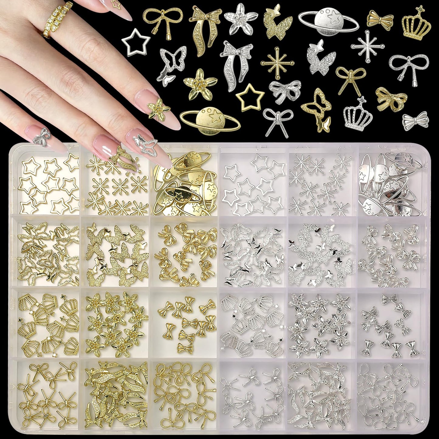 240 Pcs Gold Silver Nail Charms Kit, 3D Crown Bows Cross Metal Nail Charms, Planet Star Dollar Alloy Nail Gold Charms Butterfly Nail Art Charms for Acrylic DIY Nails Designs