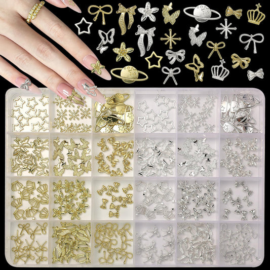 240 Pcs Gold Silver Nail Charms Kit, 3D Crown Bows Cross Metal Nail Charms, Planet Star Dollar Alloy Nail Gold Charms Butterfly Nail Art Charms for Acrylic DIY Nails Designs