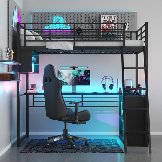 Merax Twin Size Metal Loft Bed with LED, Desk, 4 Storage Shelves, Full-Length Guardrails and Ladder for Kids Teens Adults, Black