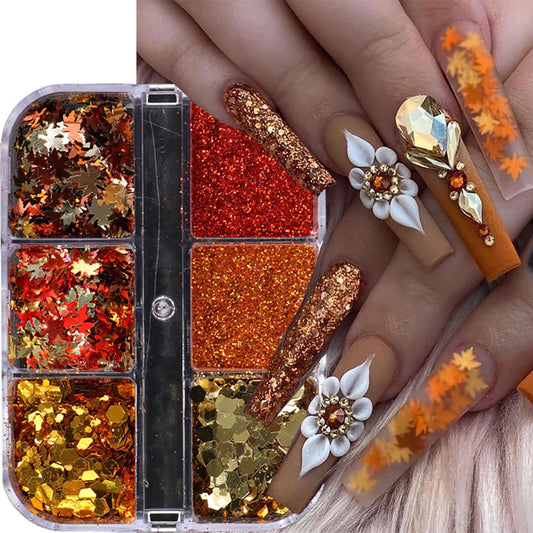Thanksgiving 3D Maple Leaf Nail Art Glitter Sequins Mixed Red & Orange Colors Nail Glitter Powder Polygons Sequins Fall Nail Decals for Women Autumn Nail Decorations Supplies DIY Manicure Accessories
