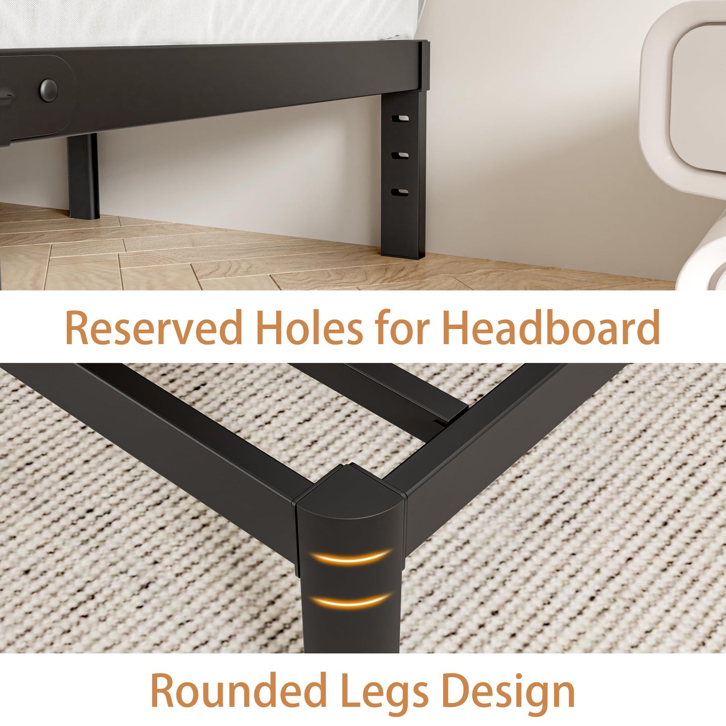 KZZLOL Black King Size Bed Frame 12 Inch, Metal King Bed Frame No Box Spring Needed, DIY Headboard Holes, Heavy Duty Steel Support 3500 LBS, Noiseless, Round Corner Leg, Storage Space, Easy Assembly
