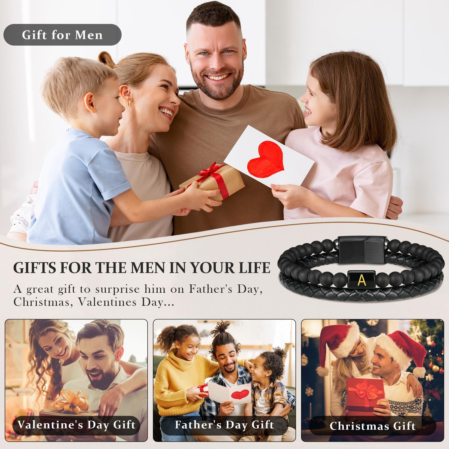 Mens Leather Bracelet with Initial - Men Gift Matte Agate Bead Magnetic Clasp Black Leather Bracelets Mens Gifts Men Bracelets with Initial X Bracelet for Men's Jewelry Men's Gifts for Dad Husband Him