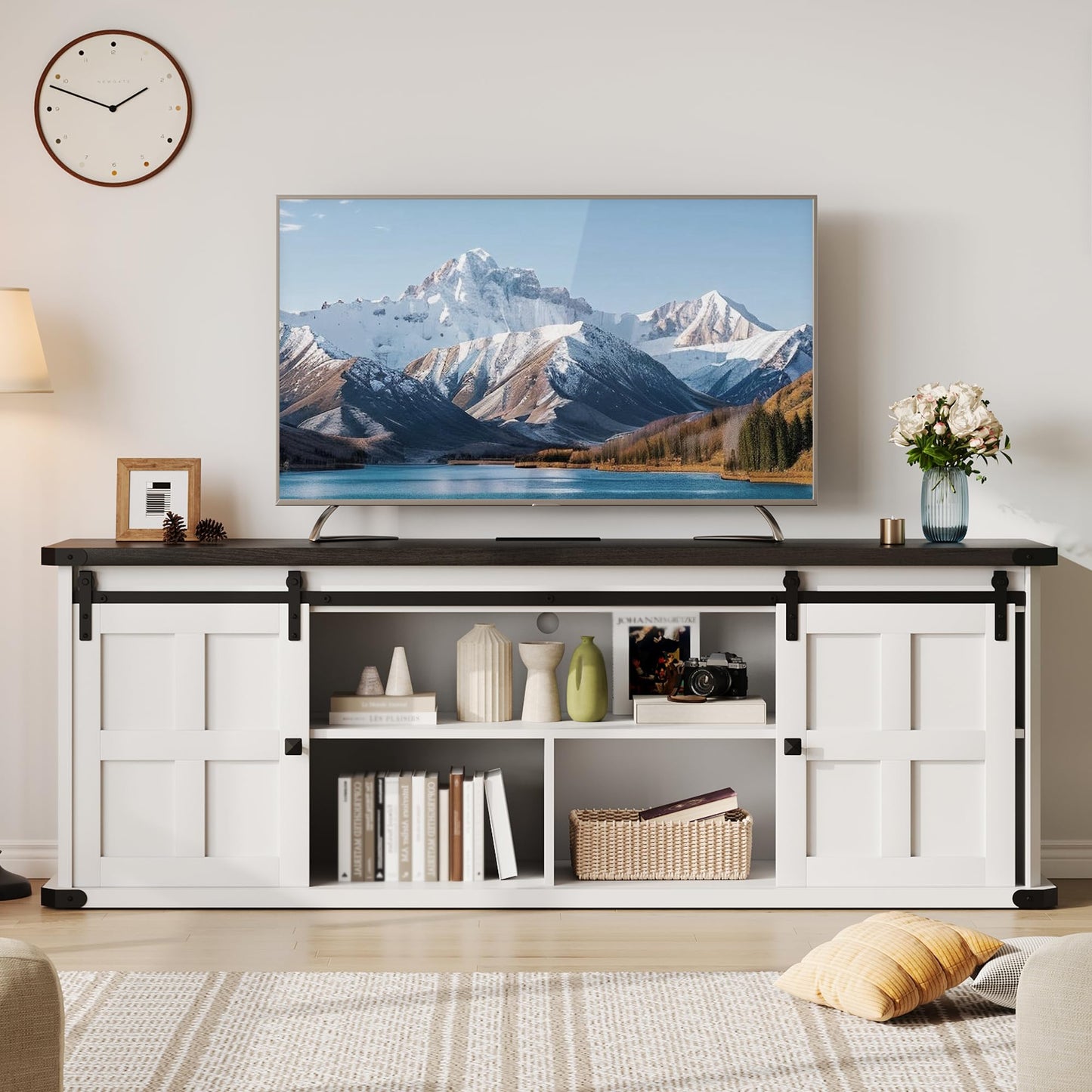 GAOMON 70" Farmhouse TV Stand for 80/75/70 Inch TVs,Entertainment Center Storage Cabinets w/Power Outlets and Sliding Barn Door,Rustic TV Stands for Living Room,Media Console Cabinet (Black/White)