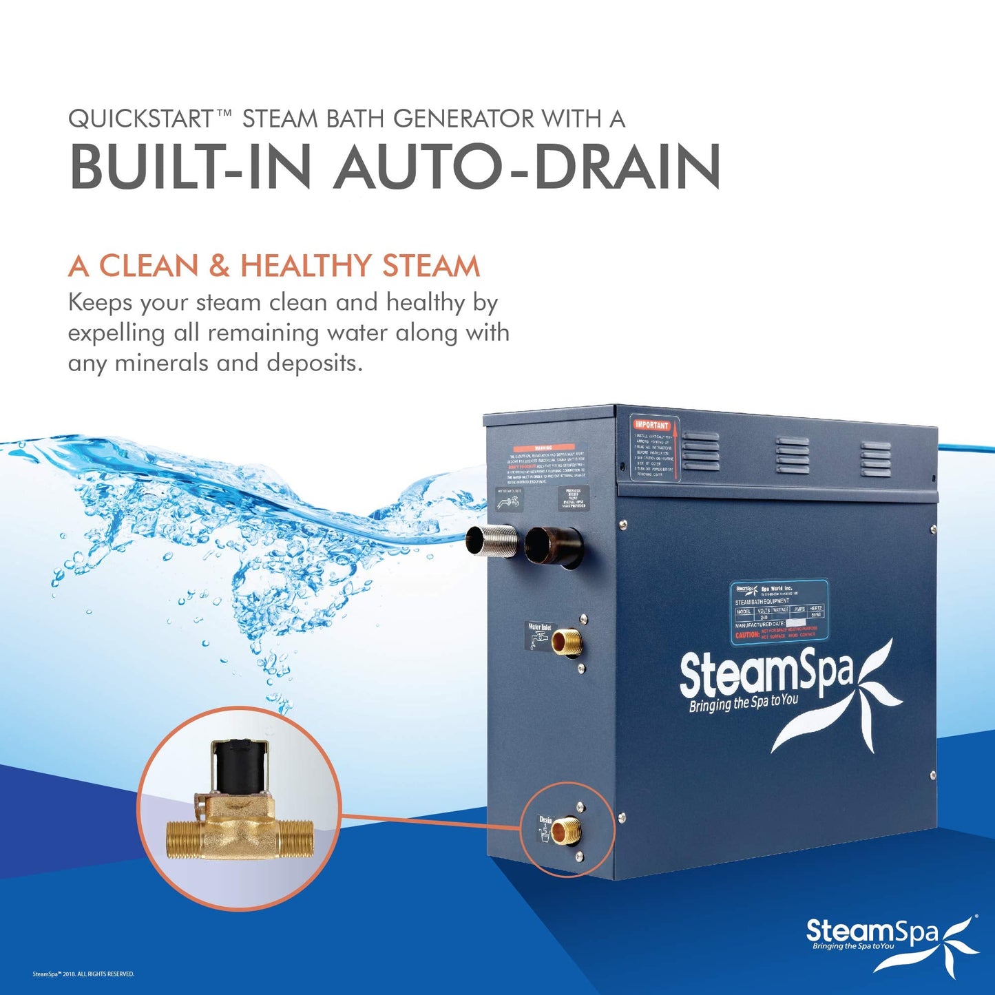 SteamSpa 9kW Steam Sauna Generator Sentry Series 240V Steam Generator with Touch Screen, Steamhead, Built-in Steam Shower Auto Drain, ACU Quickstart Steam Bath Generator Bundle SNT900CH-A