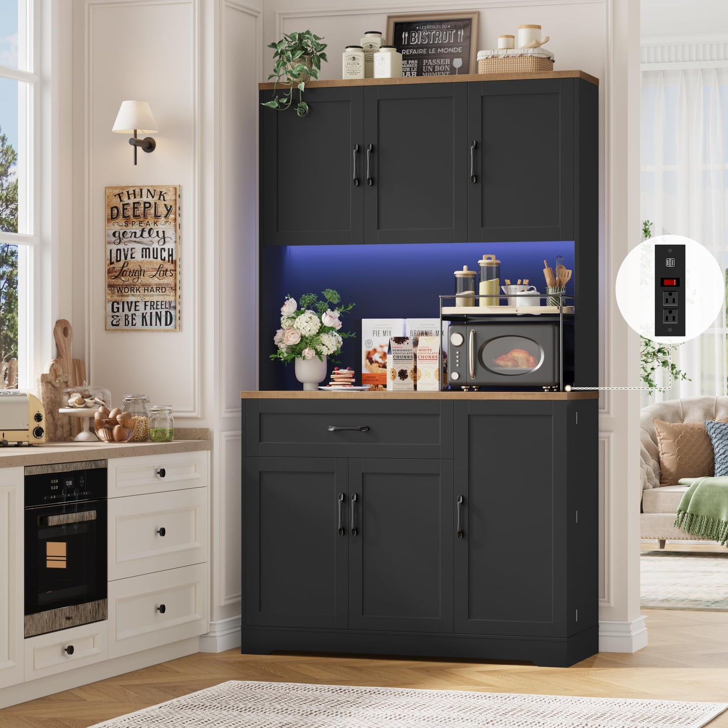 HIFIT 71" LED Kitchen Pantry Cabinet with Power Outlet, Tall Hutch Storage Cabinet with Microwave Stand & 6 Door Shelves, Modern Food Pantry Cabinets with Drawer for Kitchen Dining Living Room, Black