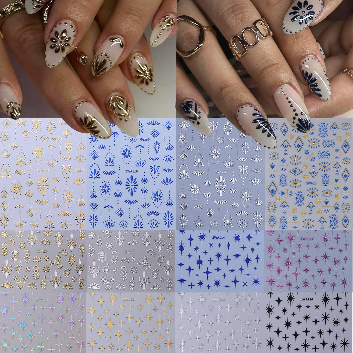 Bohemian Stickers for Nail Art 12PCS Boho Styles Nail Decals Blue Totem Gothic Nails Art Desigsn Metallic Gold Silver Star Self-Adhesive Sliders for Gel Polish Acrylic Supplies DIY Manicure Decor