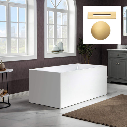 WOODBRIDGE 59" Acrylic Freestanding Bathtub Contemporary Soaking White Tub with Brushed Gold Overflow and Drain，B0085-BG-Drain&O