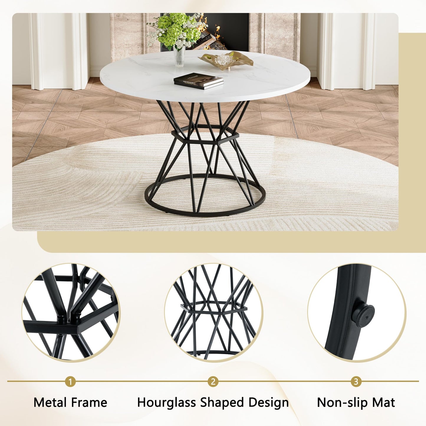 KEIKI Round Dining Table Set for 4, 47.3" White Faux Marble Kitchen Table with Black Metal Base & 4 Brown Gray PU Leather Chairs, Modern Industrial Dining Room Set with Gold Accent for Apartment